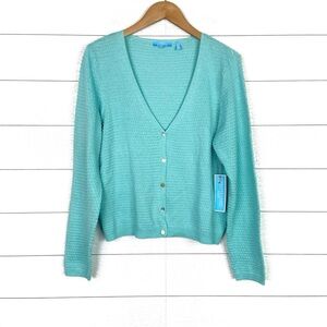 NWT DRAPER JAMES Texture Cardigan Turquoise Blue Button V Neck Long Sleeve Large